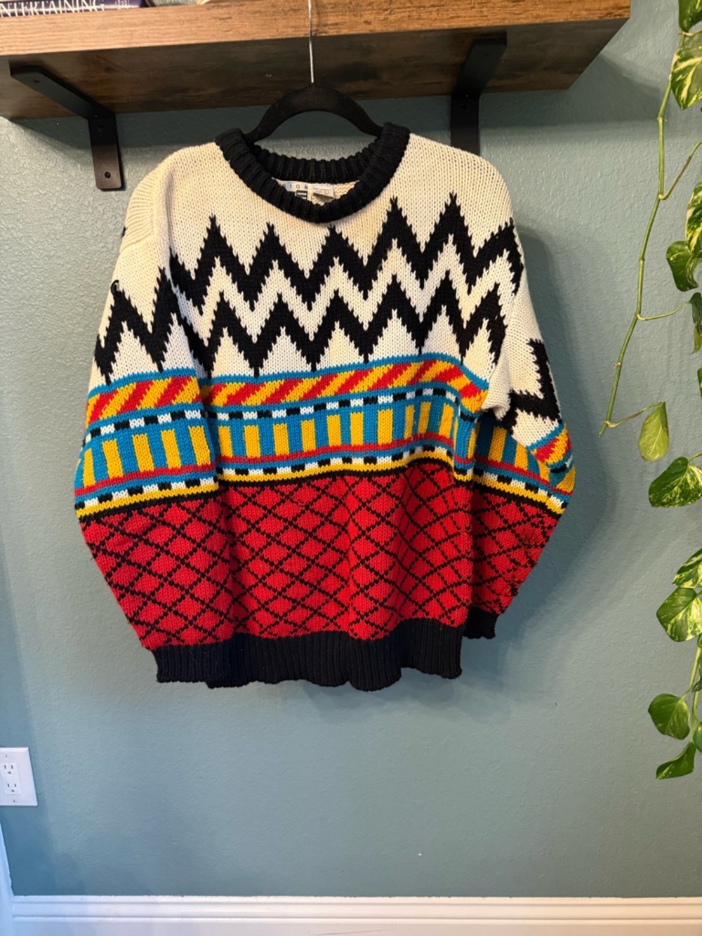 Vintage 1988 Colorblock Knit Sweater Geometric Ski Sweater Retro Crewneck